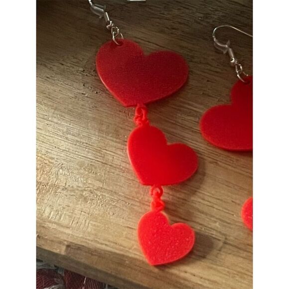 Handmade Red Heart Dangle Earrings 3-D printed on 925 sterling silver hooks - Picture 3 of 4
